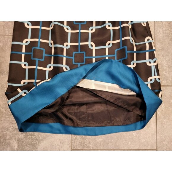 Talbots Brown Aqua Retro Geometric Print 100% Silk Lined Pencil Skirt Sz 10p - Picture 3 of 6